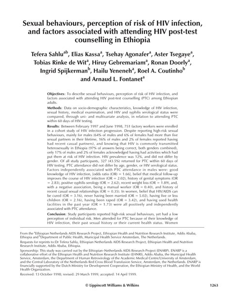 Pdf Sexual Behaviours Perception Of Risk Of Hiv Infection And