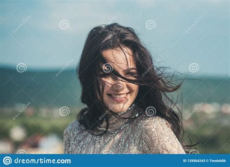 Beauty Salon And Hairdresser Happy Girl With Long Brunette Hair Joyful Cute Girl Outdoor Stock