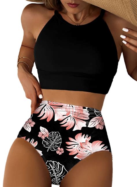 Snapklik Womens Black Bikini Sets High Round Neck Tropical Leaf Print High Waisted Two