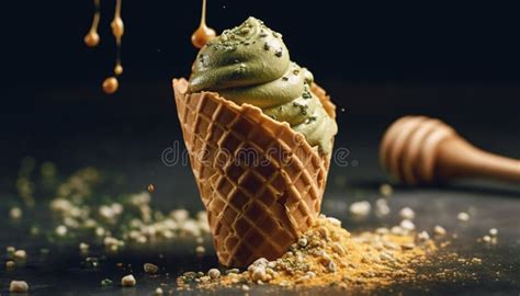 Indulgent Homemade Ice Cream Cone With Caramel Generated By AI Stock