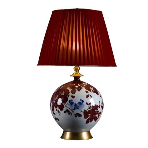 Chinese Table Lamp Porcelain Red Flowers With Lampshade D Xh Cm