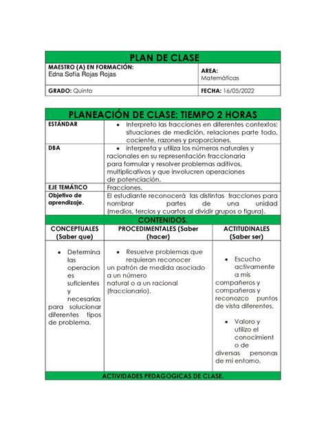 PLAN Clase Matematicas PLAN DE CLASE MAESTRO A EN FORMACIN Edna