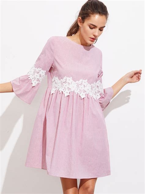 Shein Floral Lace Applique Fluted Sleeve Striped Smock Dress Casual Day