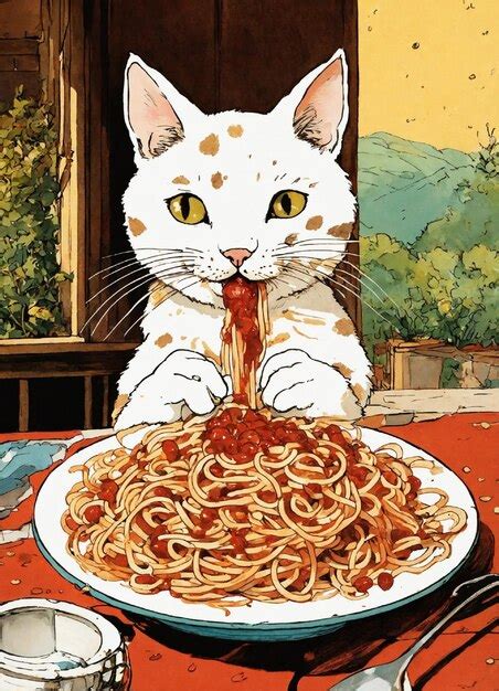 Premium Photo | A poster of a cat eating spaghetti with a picture of a ...