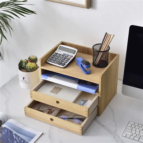 Buy KIRIGEN Desktop Organizer With 2 Drawers And Tray Wood Office