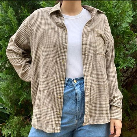 Neutral Brown Plaid Button Up Long Sleeve Shirt Depop