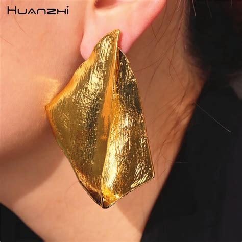 HUANZHI Vintage Metal Texture Irregular Leaf Shaped Geometric Large