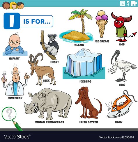 Letter I Words Educational Set With Cartoon Vector Image