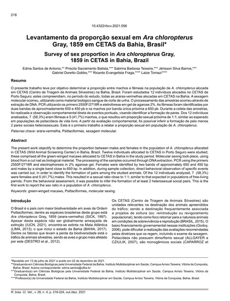 PDF Levantamento da proporção sexual em Ara chloropterus Gray 1859