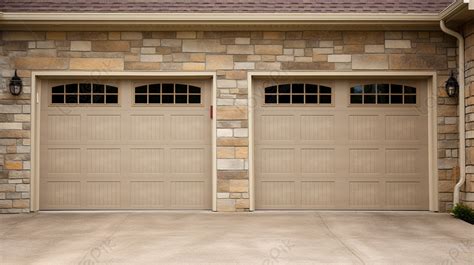 Two Brown Garage Doors Installed In Front Of The House Enhancing The