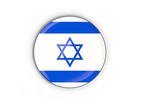 Round button with metal frame. Illustration of flag of Israel