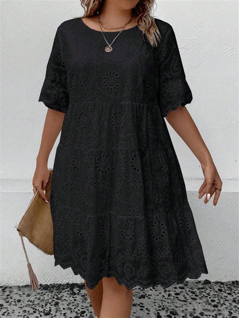 Shein Lune Plus Size Round Neck Eyelet Embroidered Dress For Sale