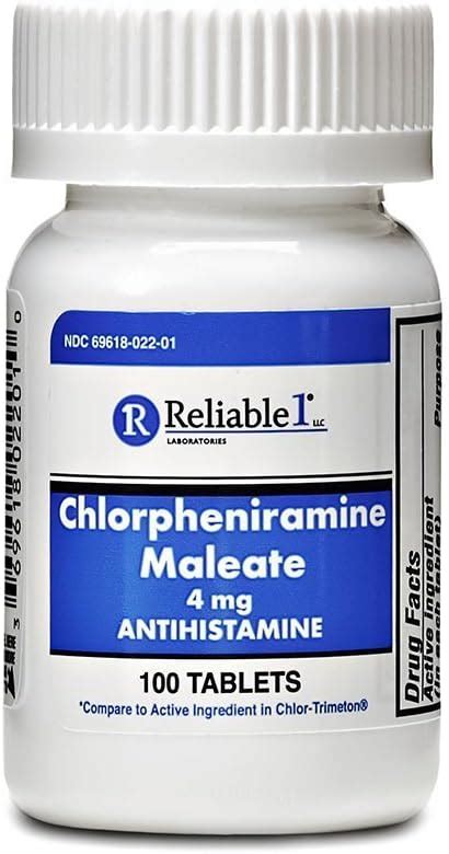 Reliable 1 Chlorpheniramine Maleate 4mg 100 Tablets