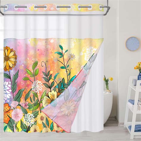 Ikfashoni 71 X74 Yellow Floral Shower Curtain Hookless Waterproof With Fabric Snap In