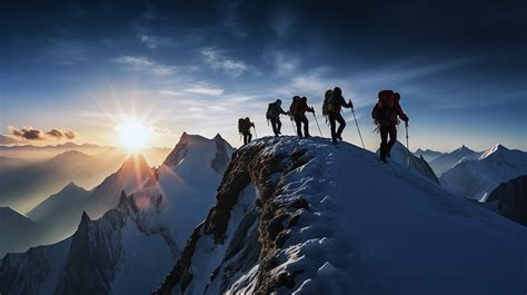 Free Picture Group Mountain Climbers Climbing On Snowy Mountain Peak