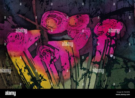 Bouquet Of Roses Hot Batik Background Texture Handmade On Silk Abstract Surrealism Art Stock