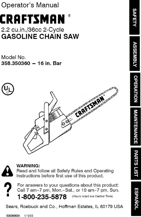 Craftsman 358350360 User Manual CHAINSAW Manuals And Guides L0807035