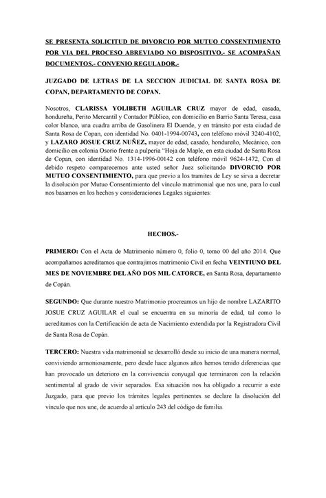 Modificado Solicitud Y Convenio De Divorcio Por Mutuo Consentimiento Práctica Procesal Civil