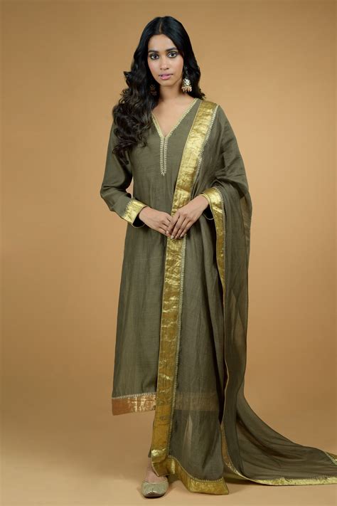 Buy Green Chanderi Kurta Set For Women By Talking Threads Online At Aza