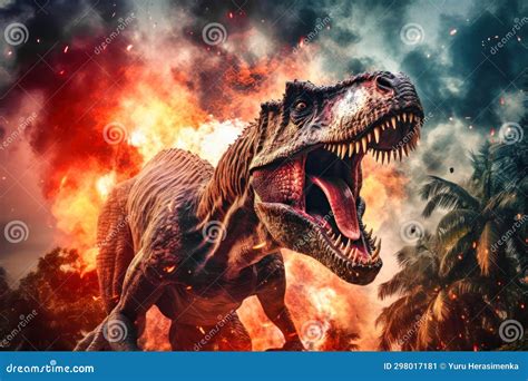 A Terrible Dinosaur Tyrannosaurus T Rex With An Open Huge Mouth And