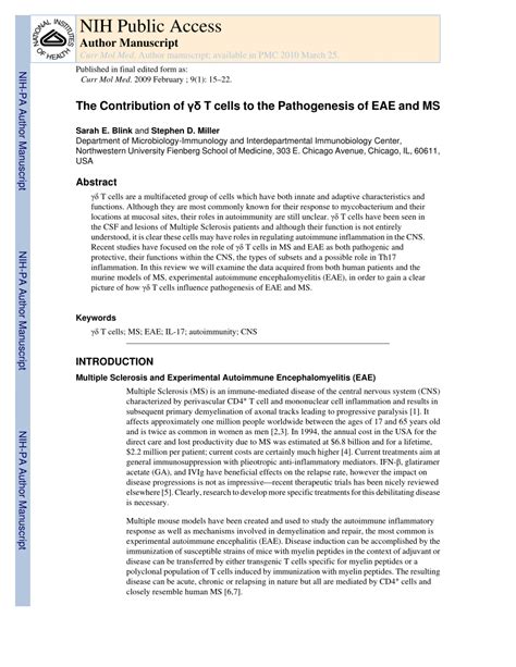 Pdf The Contribution Of Gammadelta T Cells To The Pathogenesis Of Eae