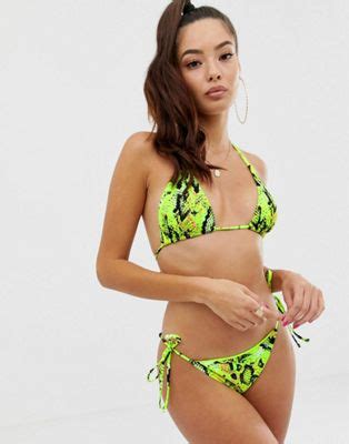 ASOS DESIGN Mix And Match Sleek Triangle Bikini Top Tie Side Neon Snake Print ASOS