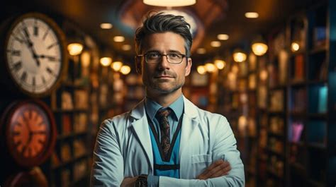 Premium Photo A Doctor Standing Next To A Clock Background World