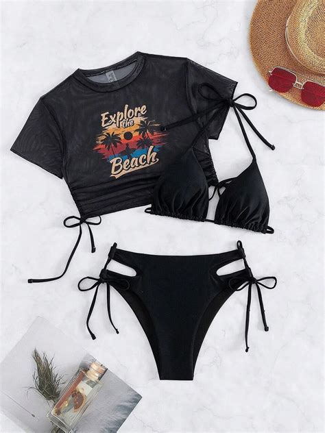 3 Pieces Halter Bikini Tropical Print Swimsuit 2024 Women Bathing Suit Drawstring Side Beach