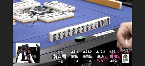 日本プロ麻雀連盟 On Twitter オーラス1本場。 H柴田が役なしカン五待ちのちにフリテン一四五待ちに。前田が形式テンパイ。黒沢