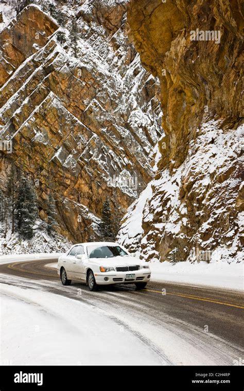 Winter view of automobile on Highway 550, the Million Dollar Highway ...