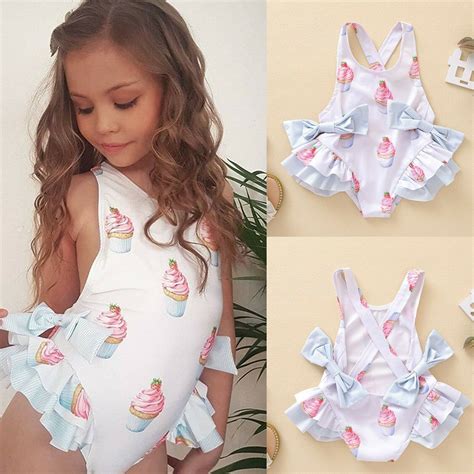 Little Girls Lovely Ice Cream Print Ruched Backless Swimwear Swimsuit