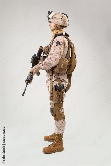 Studio Shoot Of Modern Infantry Soldier Us Marine Rifleman In Combat