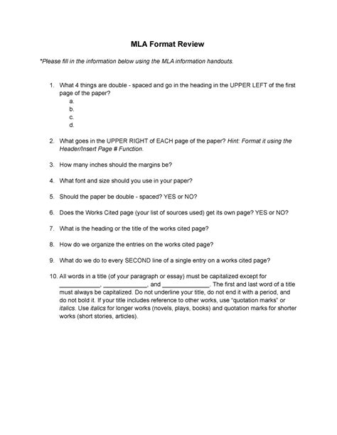 Mla Formatting Worksheet 1 Mla Format Review Please Fill In The