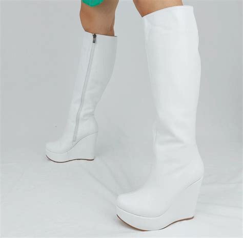 White Wedge Boots Knee High Boots Vegan Leather Slip On Etsy