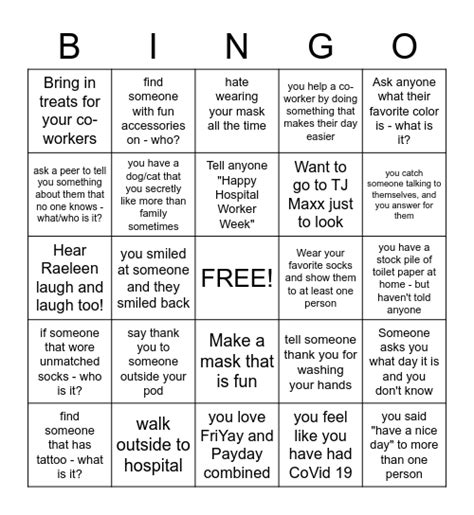 Hospital Week Bingo Card