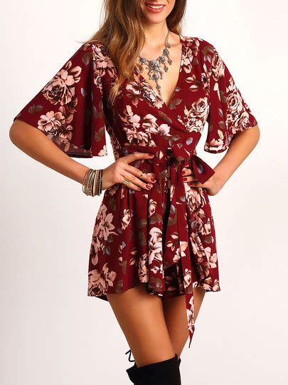 V Neckline Floral Tie Waist Wrap Playsuit Shein Sheinside