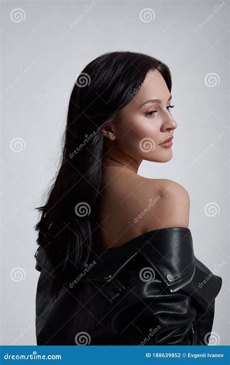 Brunette Woman With Long Hair Perfect Figure Slim Body Natural Makeup On A Girl Face Stock