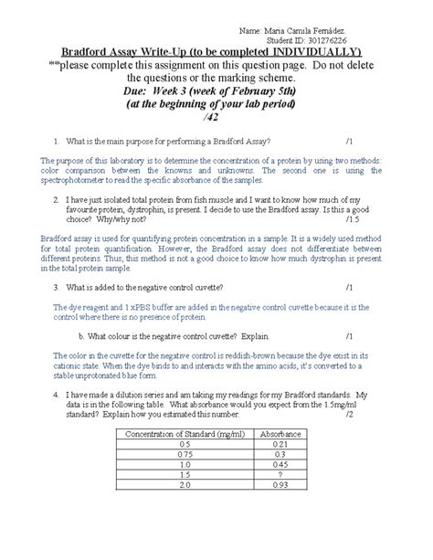 Protein Quantification Lab Write Up Student Id 301276226 Bradford