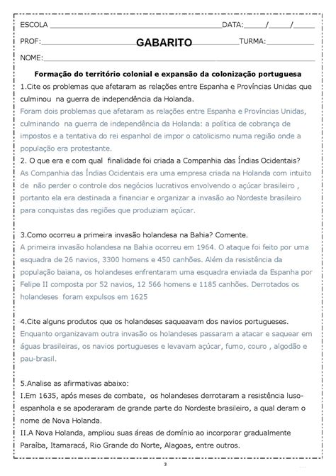 Exercícios Expansão Marítima Europeia 7o Ano Gabarito