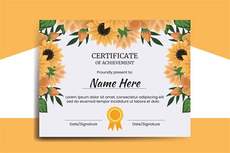 Certificate Template Sunflower Watercolor Digital Hand Drawn