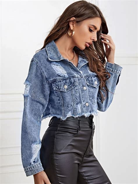 Ripped Detail Flap Pocket Crop Denim Jacket Trendy Women S Fashion