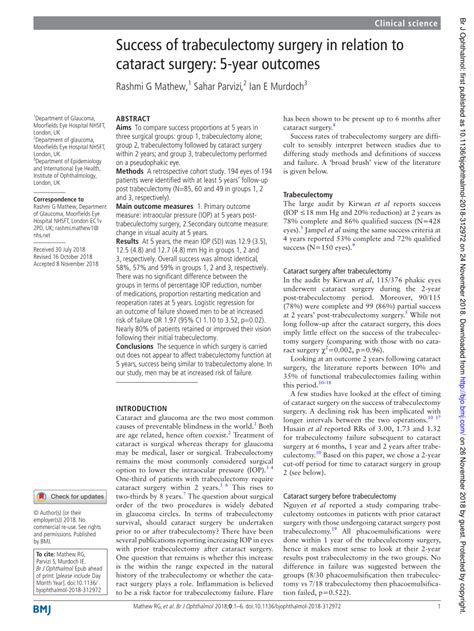 Pdf Success Of Trabeculectomy Surgery In Relation To Cataract Surgery