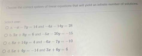 Solved Choose The Correct System Of Linear Equations That Will Yield