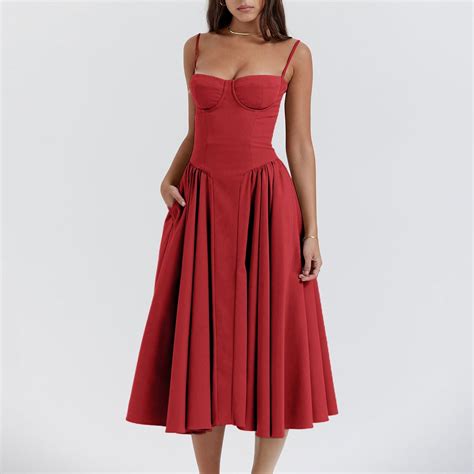 Munlar Square Neck Womens Slip Dress Red Sleeveless Dress A Line Sexy Flowy Midi Dress