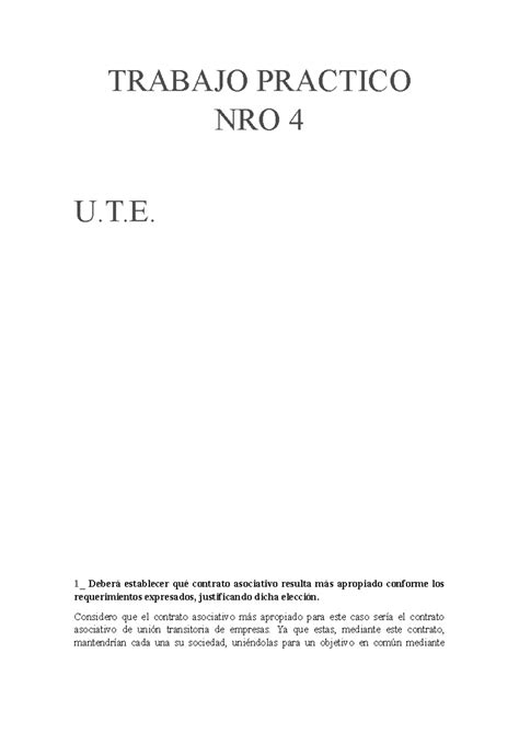 Trabajo Practico NRO 4 TRABAJO PRACTICO NRO 4 U T 1 Deberá