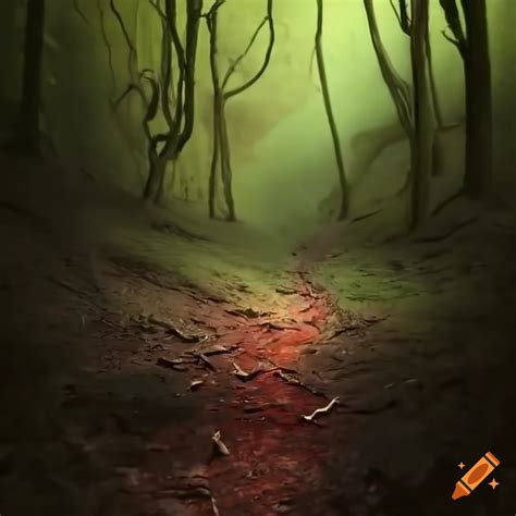 Photorealistic Image Of A Blood Trail On A Bushy Path