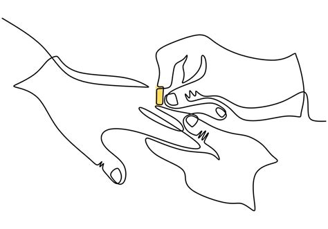 One continuous line drawing of male and female hands showing engagement ...