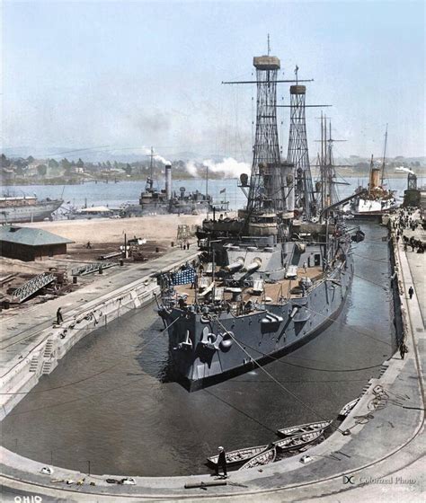 USS Ohio (BB-12) docked at Mare Island shipyard in 1915, colourized by ...