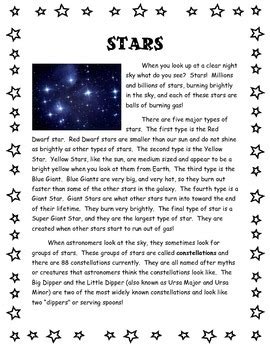 Stars Reading Passage And Questions By Kelly Sanchez Tpt Tpt