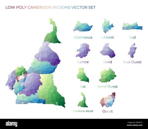 Cameroonian low poly regions. Polygonal map of Cameroon with regions. Geometric maps for your ...